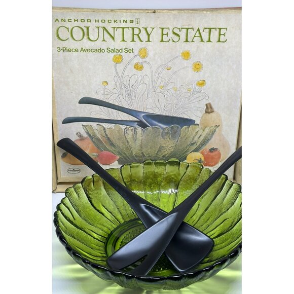 VTG Anchor Hocking Country Estate Salad Bowl Set | 3 Pc Avocado Green 10"x3" - Picture 7 of 10